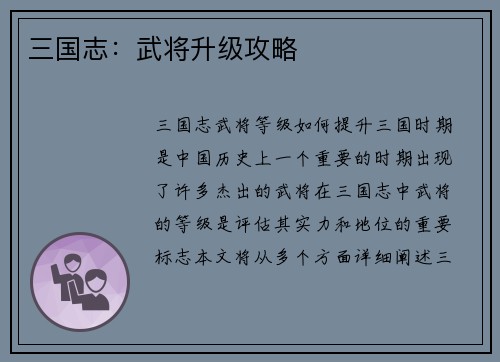 三国志：武将升级攻略